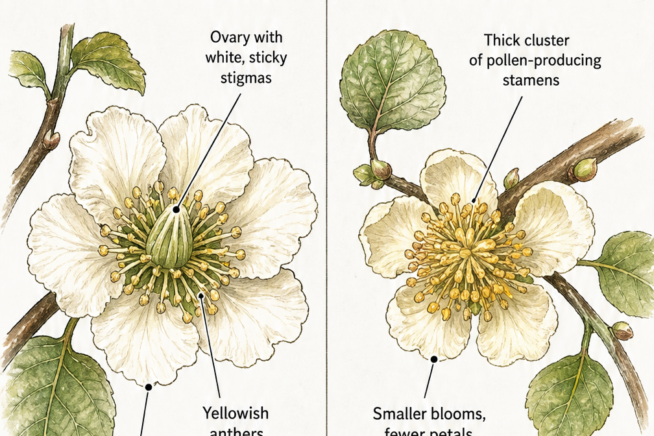 Botanical illustration comparing a female kiwi flower with an ovary and sticky stigmas to a male kiwi flower with a thick cluster of pollen-producing stamens.