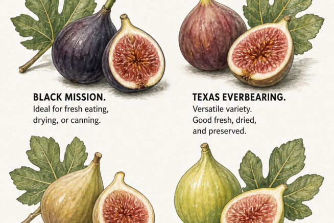Four methods for preserving figs: canning in a water bath, drying on a rack, freezing in syrup, and making brandy preserves