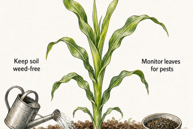 Illustration of a healthy young corn plant with care tips including full sun, abundant watering, and organic fertilizer