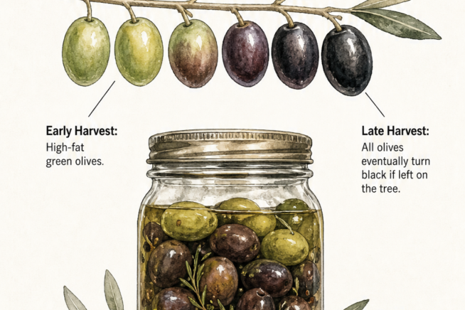 Watercolor illustration showing the ripening process of olives on a branch and a mason jar of curing olives.
