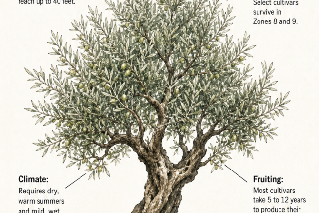 Botanical illustration of an olive tree showing height, hardiness zones, climate needs, fruiting time, and lifespan.