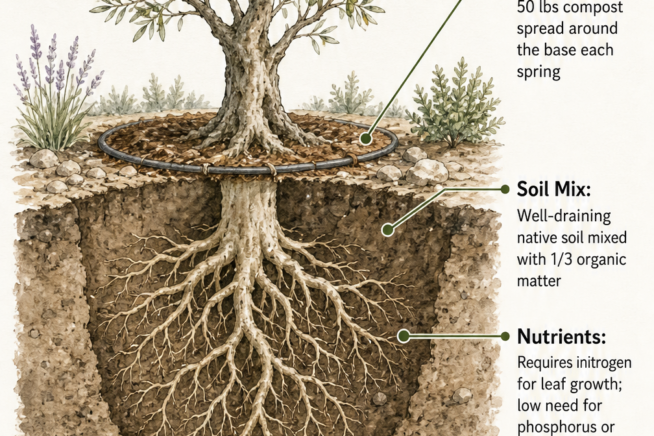 Botanical cross-section of an olive tree showing soil mix, compost application, and root system