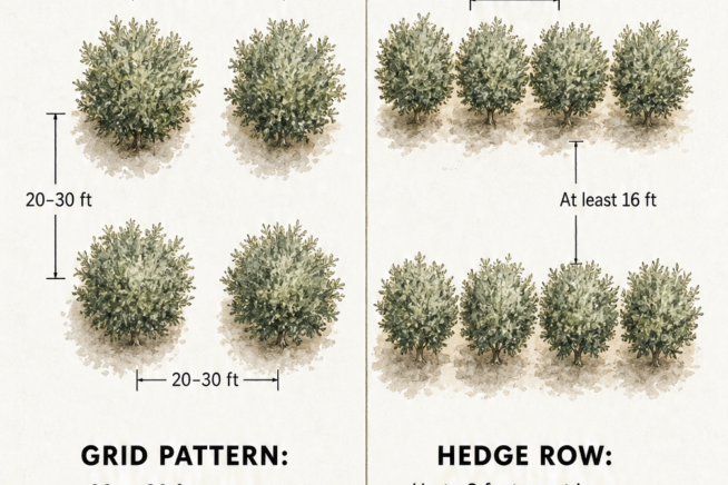 Botanical sketch illustrating olive tree spacing layouts, showing both grid pattern and hedge row planting distances.