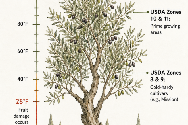 Illustration of an olive tree showing temperature limits and USDA hardiness zones for optimal growth