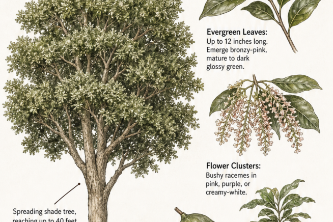 Botanical illustration of an ornamental macadamia tree showing its spreading canopy, evergreen leaves, flower clusters, and hard-shelled nuts.