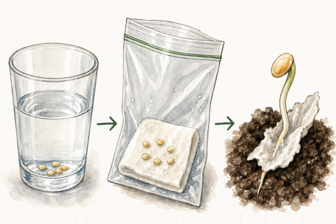 Illustration showing how to germinate pepper seeds using the paper towel method, including soaking, keeping moist in a bag, and planting.