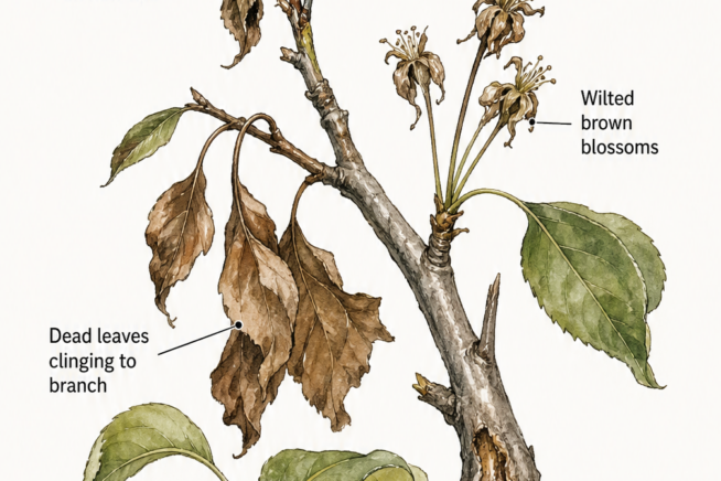 Botanical illustration showing four symptoms of pear fire blight: dieback on new tips, wilted brown blossoms, dead leaves clinging to branch, and wood lesions...
