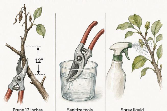 Three steps to treat pear fire blight: pruning 12 inches below infection, sanitizing tools immediately, and spraying liquid copper weekly.