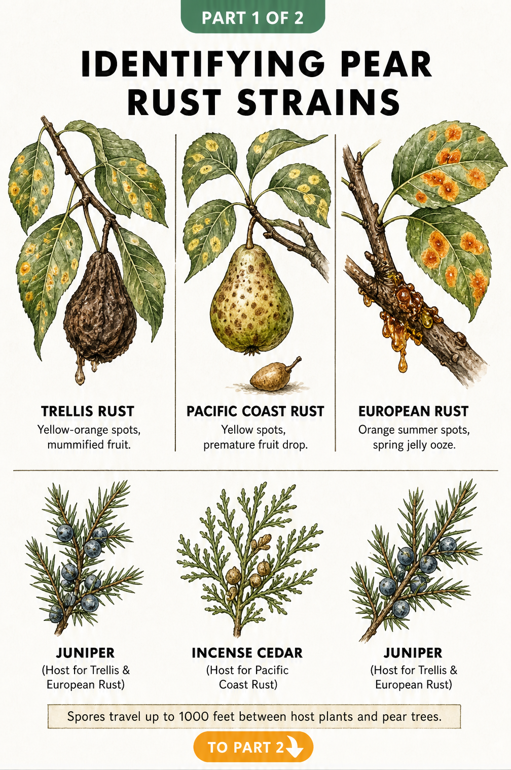 Botanical illustration comparing Trellis, Pacific Coast, and European pear rust symptoms alongside their winter host plants.