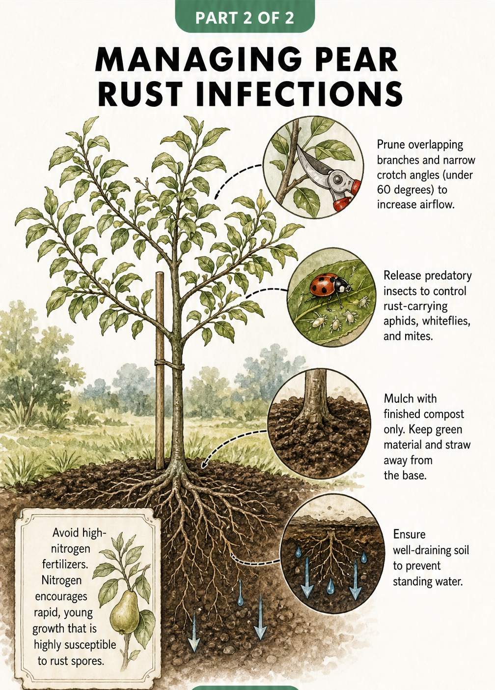 Cross-section illustration of a pear tree showing pruning, predatory insects, proper mulching, and well-draining soil to manage rust.