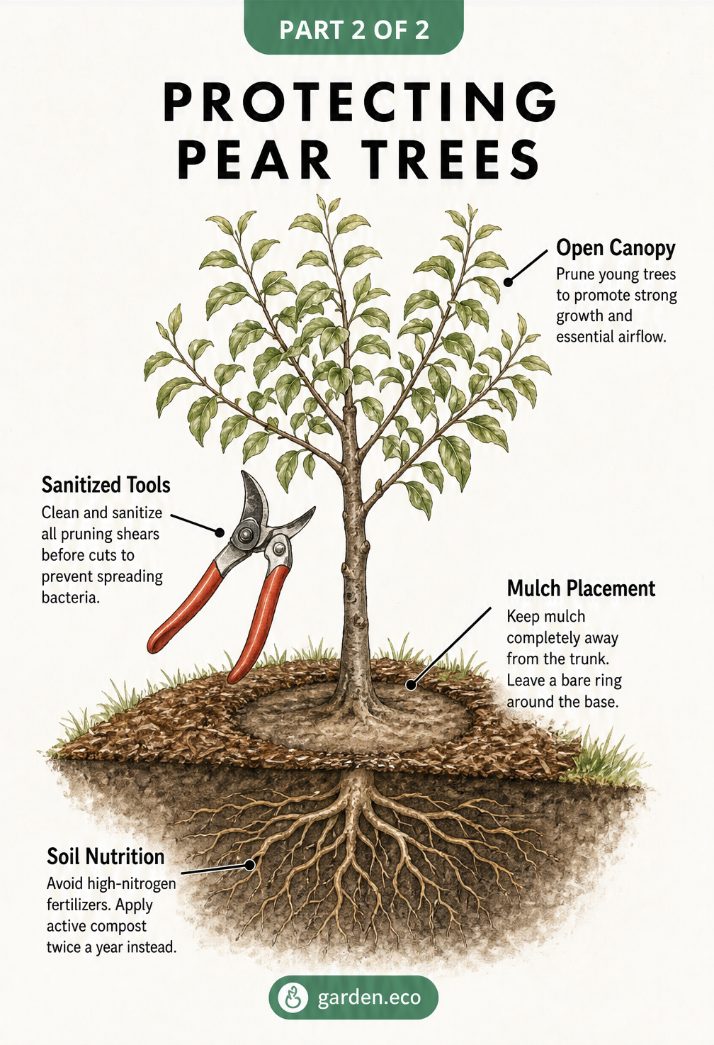 Illustration of a young pear tree demonstrating disease prevention techniques like open canopy pruning, sanitized tools, proper mulch placement, and soil...