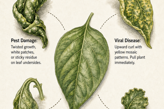 Botanical illustration showing four types of pepper leaf curl symptoms compared to a healthy leaf, including pest damage, viral disease, water stress, and...