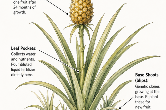 Botanical illustration of a mature pineapple plant showing the central stalk, leaf pockets, base shoots, and shallow root system.