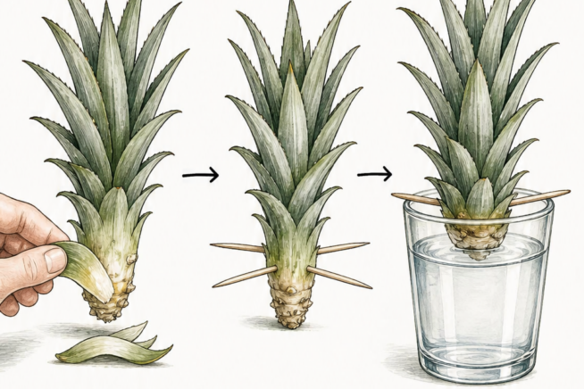 Illustration showing how to peel bottom leaves from a pineapple crown, insert toothpicks, and suspend it in water to grow roots.