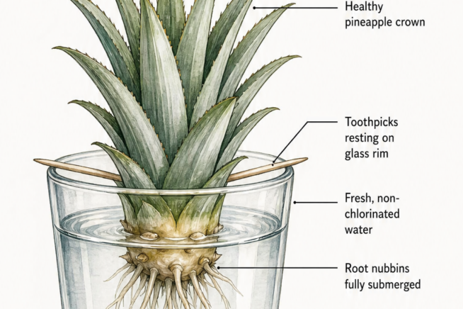 Cross-section diagram of a pineapple crown suspended in a glass of water with toothpicks, showing root nubbins submerged and new root growth.
