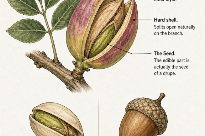 Vintage botanical cross-section of a pistachio fruit showing the reddish-purple pulp, hard shell, and edible seed, compared to a true nut.