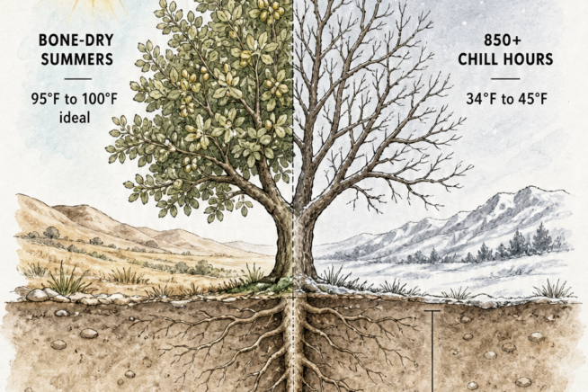 Botanical illustration of a pistachio tree showing summer and winter climate needs, plus deep taproot and soil requirements.