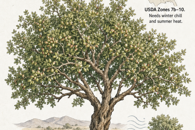 Botanical illustration of a mature pistachio tree showing its umbrella-shaped canopy, USDA zones, water needs, and wind pollination requirements.