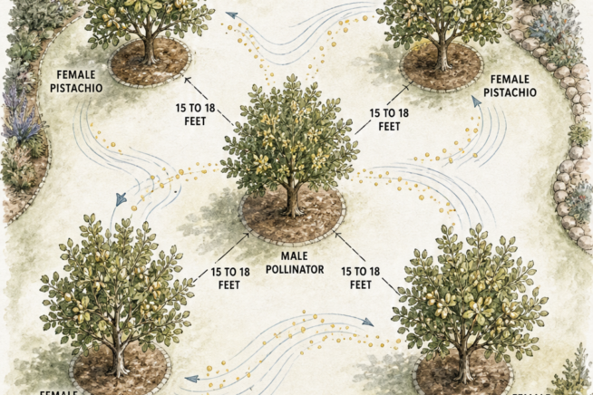Top-down garden layout showing one male pistachio tree surrounded by female trees, with wind carrying pollen across 15 to 18 feet spacing.