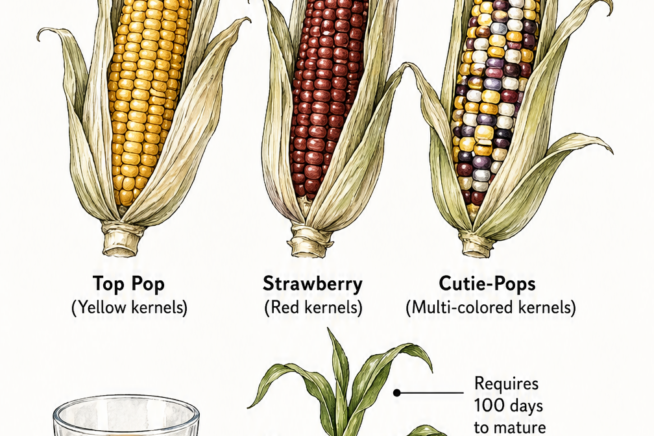 Illustration showing popcorn varieties like Top Pop and Strawberry, plus planting tips like soaking seeds overnight and applying nitrogen fertilizer.