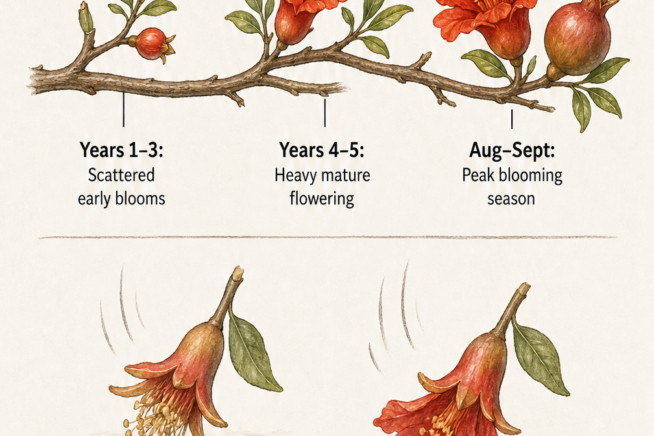 Illustrated timeline of a pomegranate tree blooming cycle and a comparison of natural versus stress-induced flower drop.