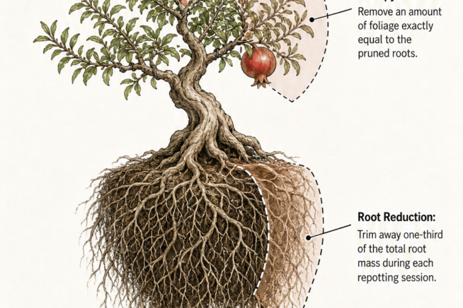 Illustration of a pomegranate bonsai showing the root ball and canopy balance for root pruning