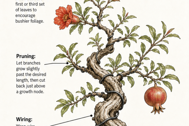 Botanical illustration showing how to shape a pomegranate bonsai through pinching, pruning, and wiring