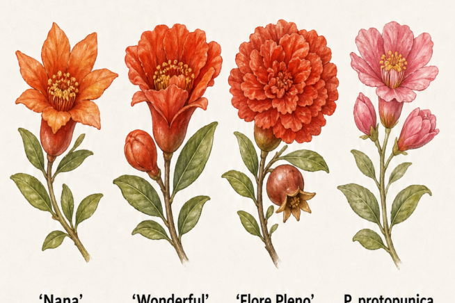 Botanical watercolor illustration showing four pomegranate flower varieties including Nana, Wonderful, Flore Pleno, and Punica protopunica.