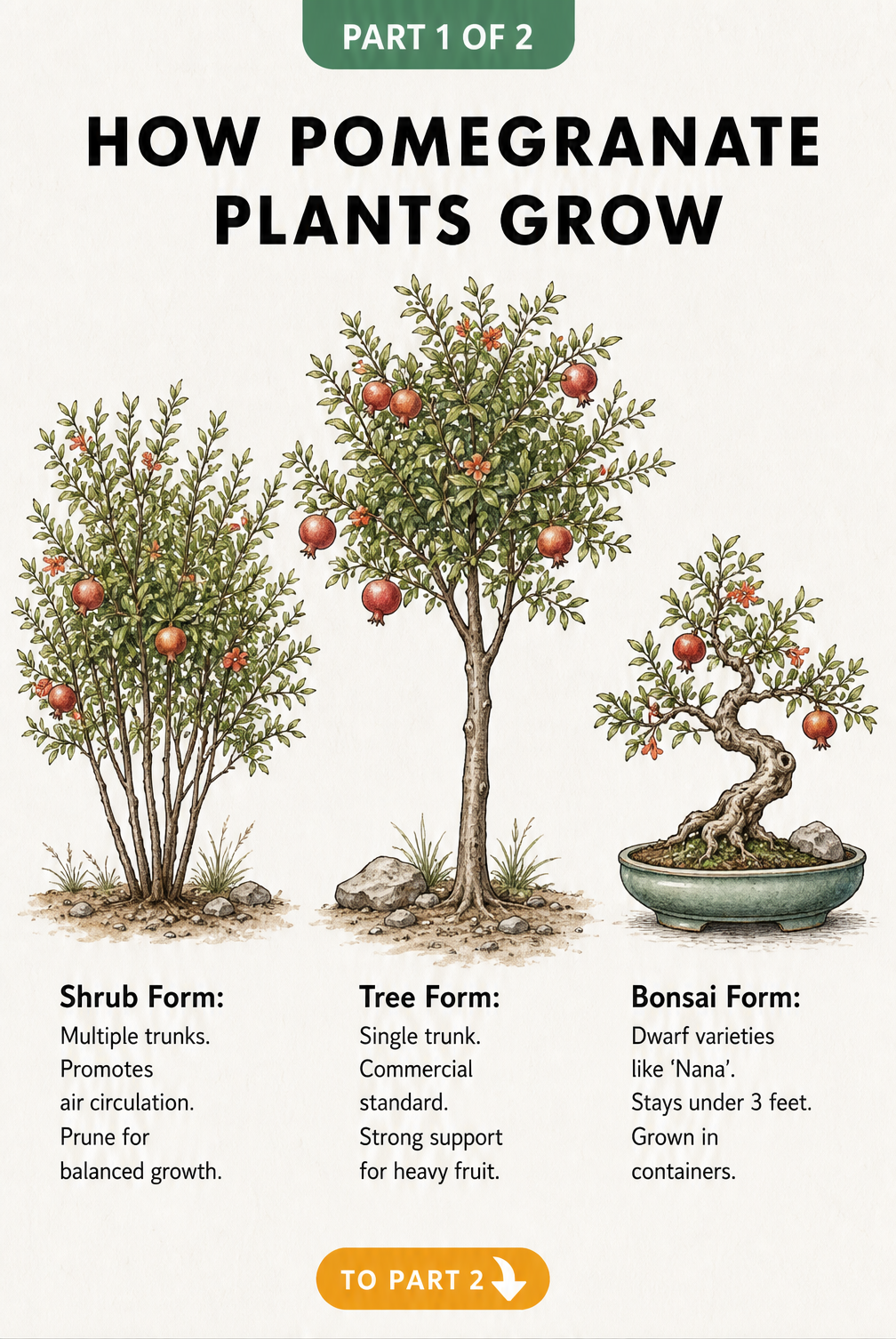 Botanical illustration comparing three pomegranate growth forms: a bushy shrub, a single-trunk tree, and a small bonsai in a container.