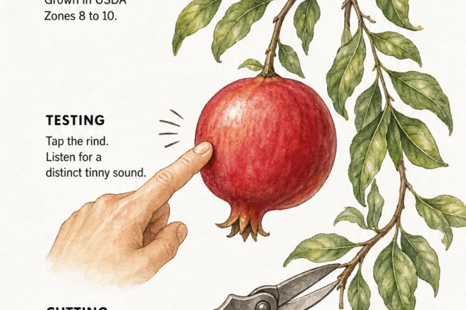 Botanical drawing of a pomegranate branch showing harvest timing, tapping the rind for a tinny sound, and cutting stems with shears.