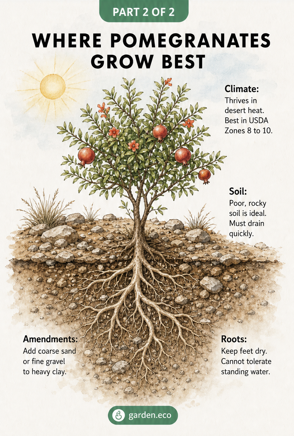 Cross-section illustration of a pomegranate plant showing ideal climate, rocky soil surface, and well-draining root system.