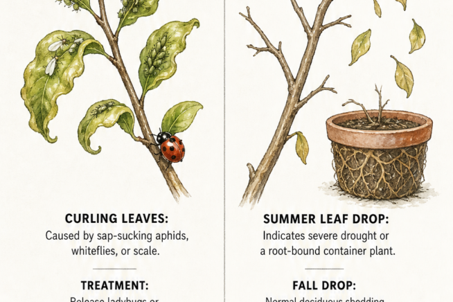 Illustration of pomegranate leaf distress signals showing leaf curl caused by pests and leaf drop caused by drought or root-bound containers.