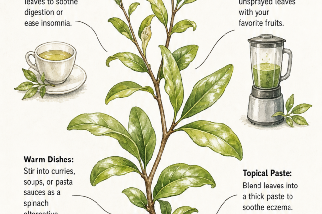 Botanical illustration showing culinary and medicinal uses of pomegranate leaves including herbal tea, green smoothies, warm dishes, and topical paste.