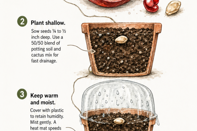 Botanical illustration showing the four stages of growing a pomegranate from seed to sprout