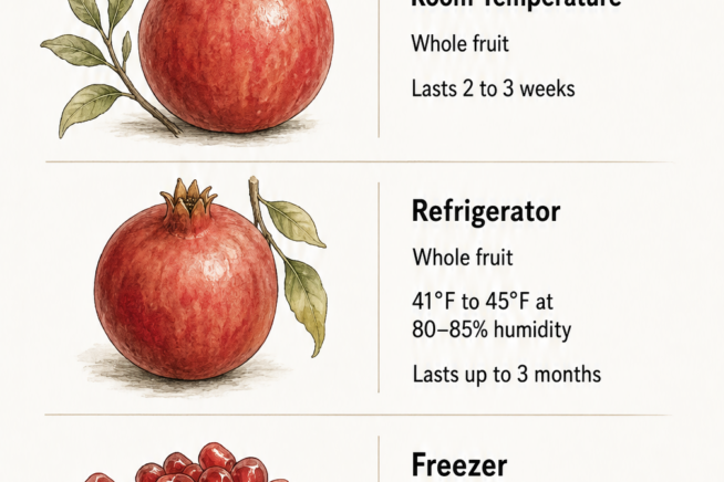 Chart showing pomegranate storage methods: room temperature for whole fruit, refrigerator for whole fruit, and freezer for extracted seeds.