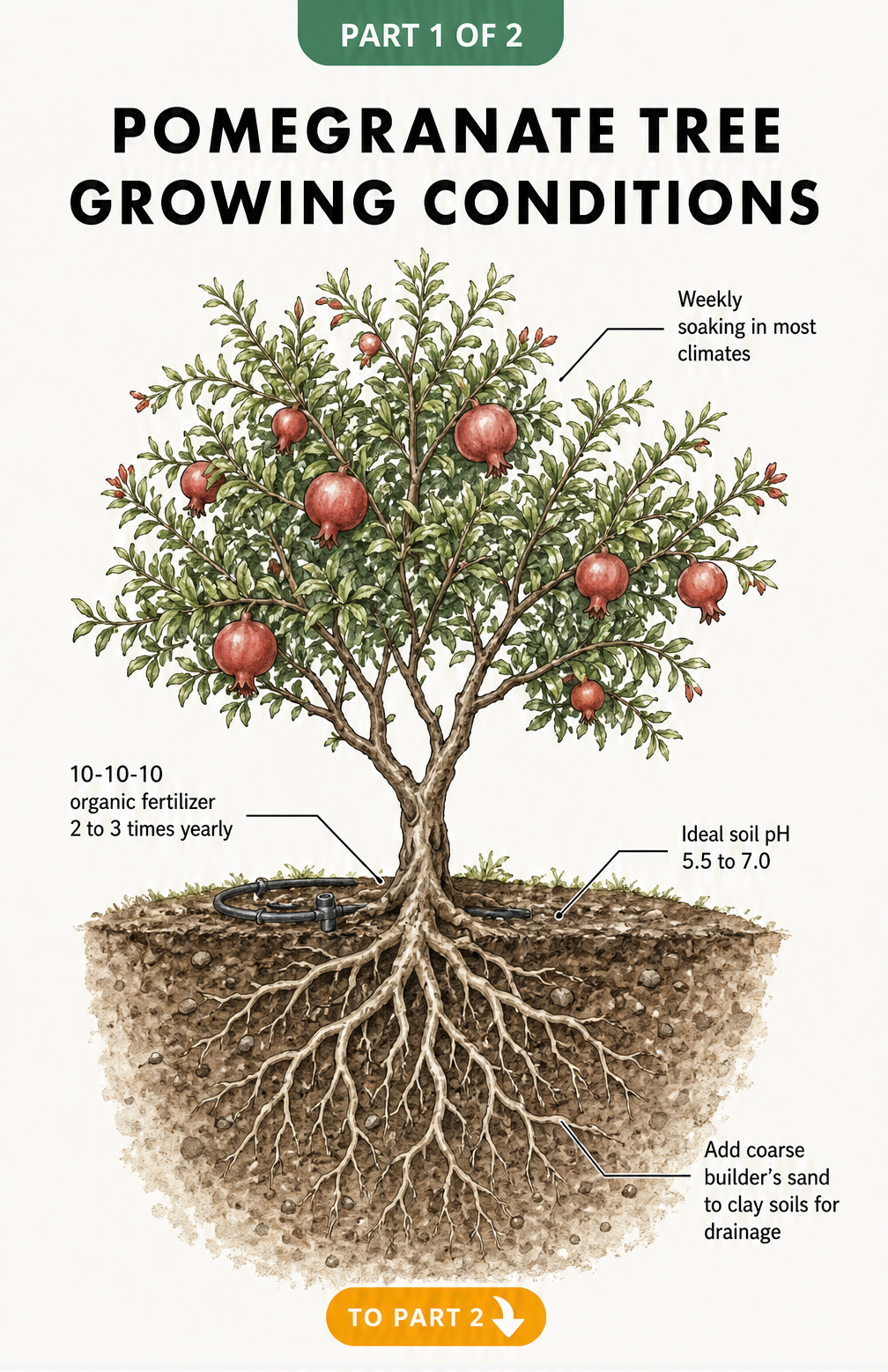 Botanical illustration showing pomegranate tree growing conditions including soil pH, watering, and fertilizer needs