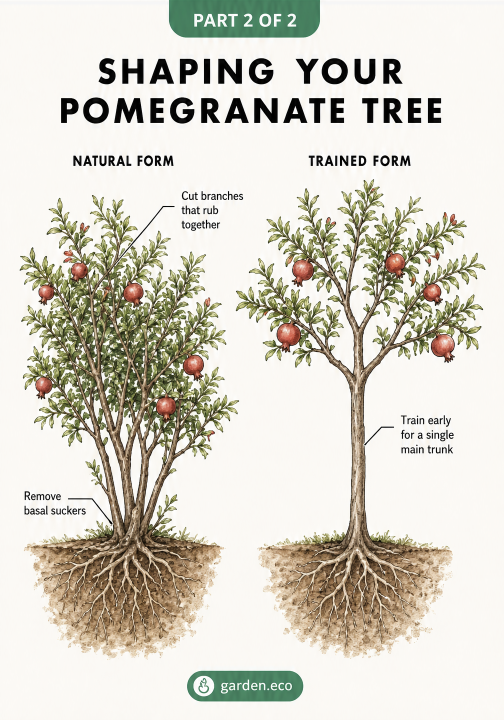 Botanical illustration comparing a natural bushy pomegranate shrub with a pruned single-trunk tree