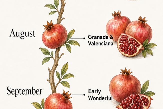 Timeline showing pomegranate harvest months from July to October with varieties like Emek, Granada, Early Wonderful, and Wonderful.