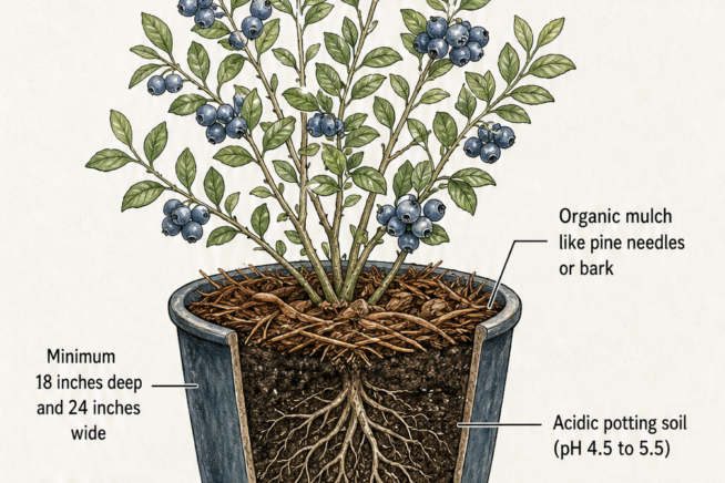 Botanical illustration showing the ideal potted blueberry setup including container size, acidic soil, and organic mulch.