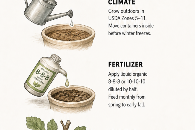 Botanical illustrations showing climate, fertilizer, and pruning care tips for potted fig trees.
