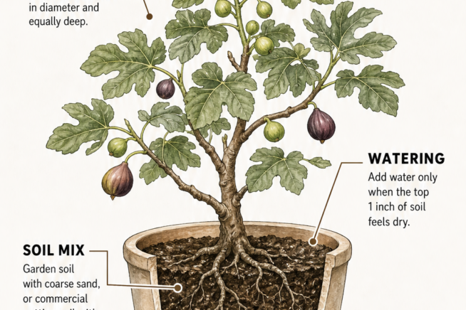 Botanical illustration of a potted fig tree showing pot size, soil mix, drainage, watering, and mobility tips.