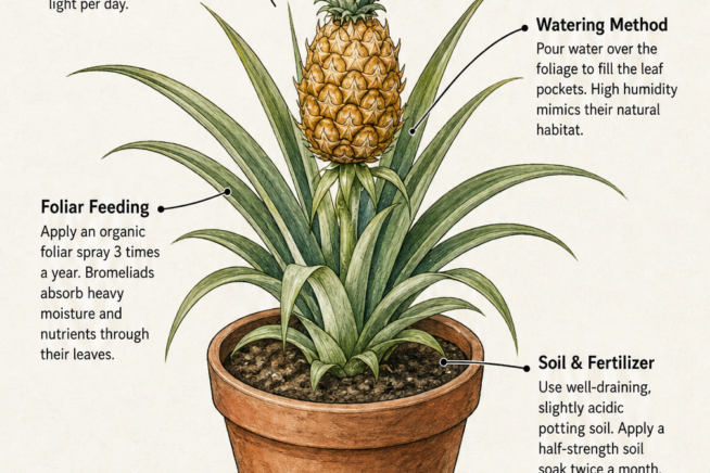 Botanical illustration of a potted pineapple plant detailing light requirements, watering method, foliar feeding, soil and fertilizer needs, and growth...