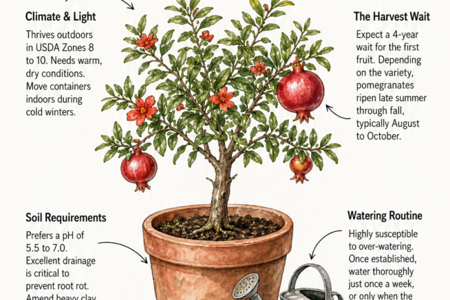 Illustration of a young fruiting pomegranate tree in a terracotta pot with care instructions