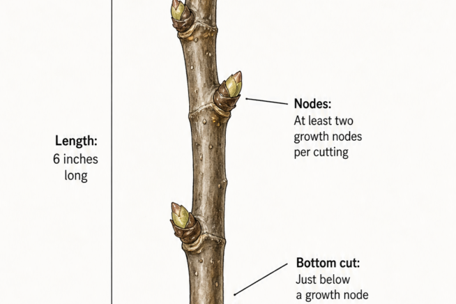 Botanical illustration showing how to prepare a fig tree cutting, indicating top and bottom cuts, length, and growth nodes.