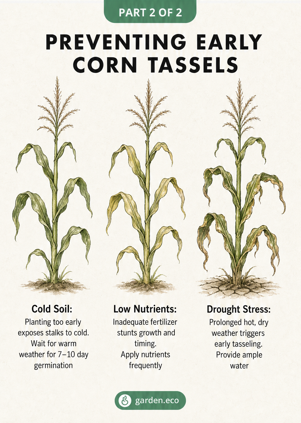 Illustration of three corn plants showing early tasseling caused by cold soil, low nutrients, and drought stress.