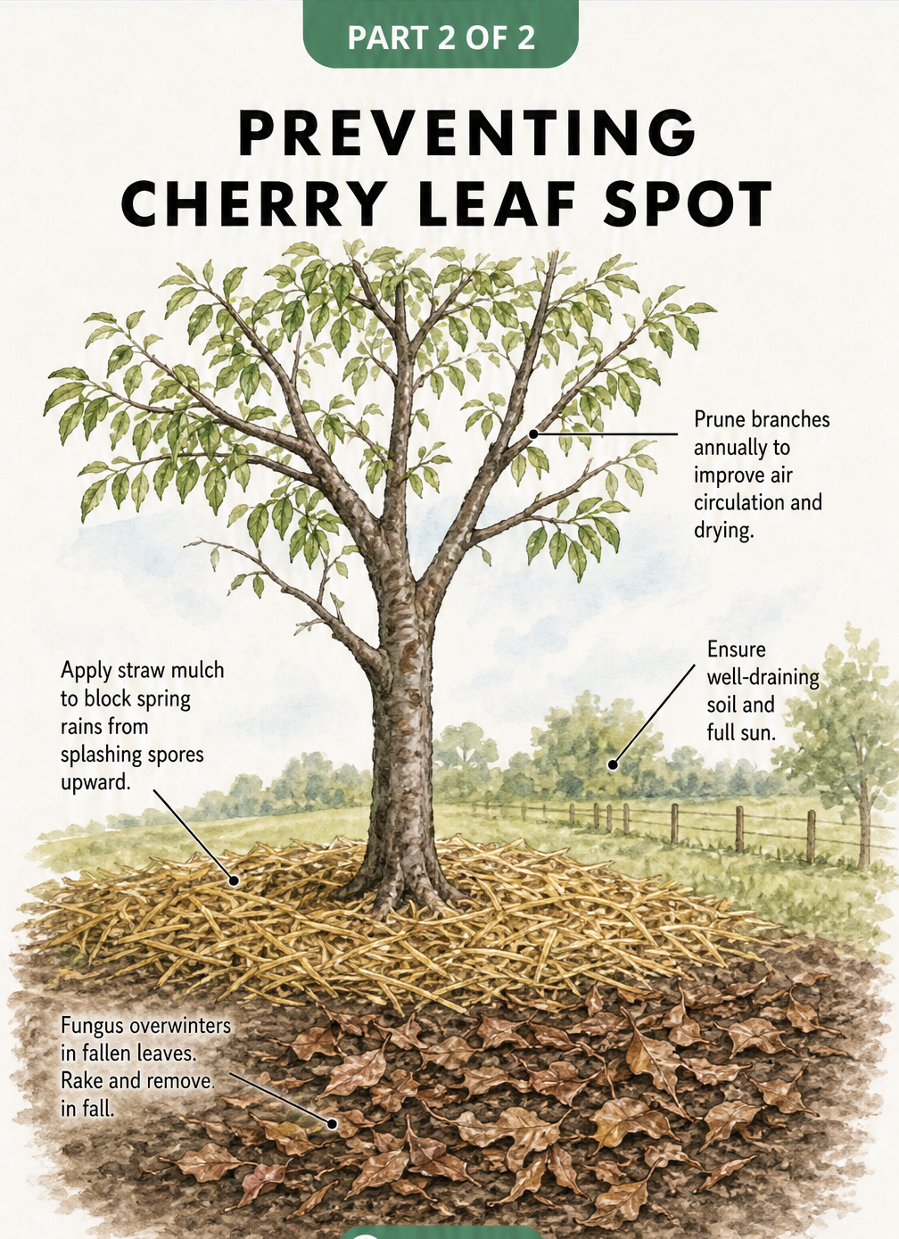 Illustration of a cherry tree showing prevention methods like raking fallen leaves, applying straw mulch, and pruning branches