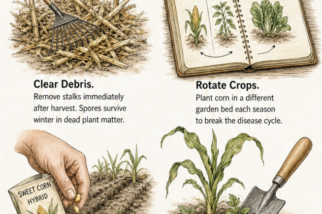 Four illustrations showing ways to prevent corn diseases: clearing debris, rotating crops, sowing hybrid seeds, and weeding carefully.