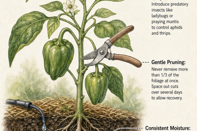 Cross-section illustration of a healthy pepper plant showing prevention methods for leaf curl: consistent soil moisture, gentle pruning, and natural pest...