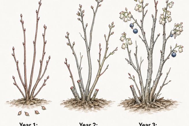 Illustration of pruning a young blueberry bush over its first three years, showing flower bud removal and basal shoot growth.