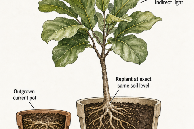 Illustration showing how to transplant a potted fiddle leaf fig tree into a slightly larger container with fresh potting soil.